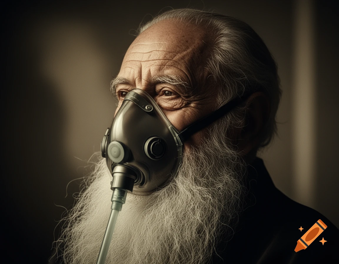 Close-up portrait of an old man with a long white beard wearing a modern respirator mask, bathed in dramatic, filmic lighting.