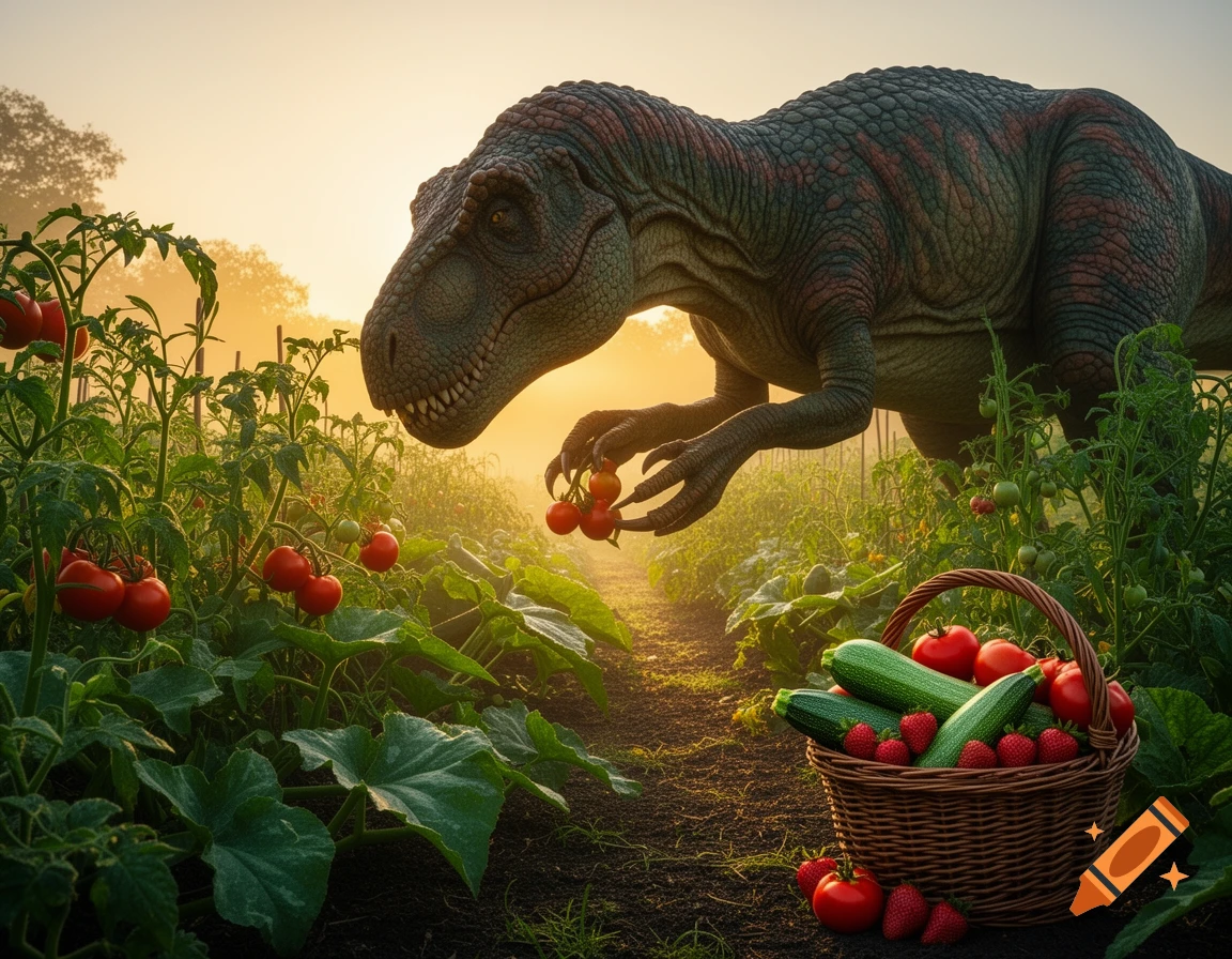 A large dinosaur picks tomatoes in a sunlit garden, with a basket of fresh vegetables on the ground.