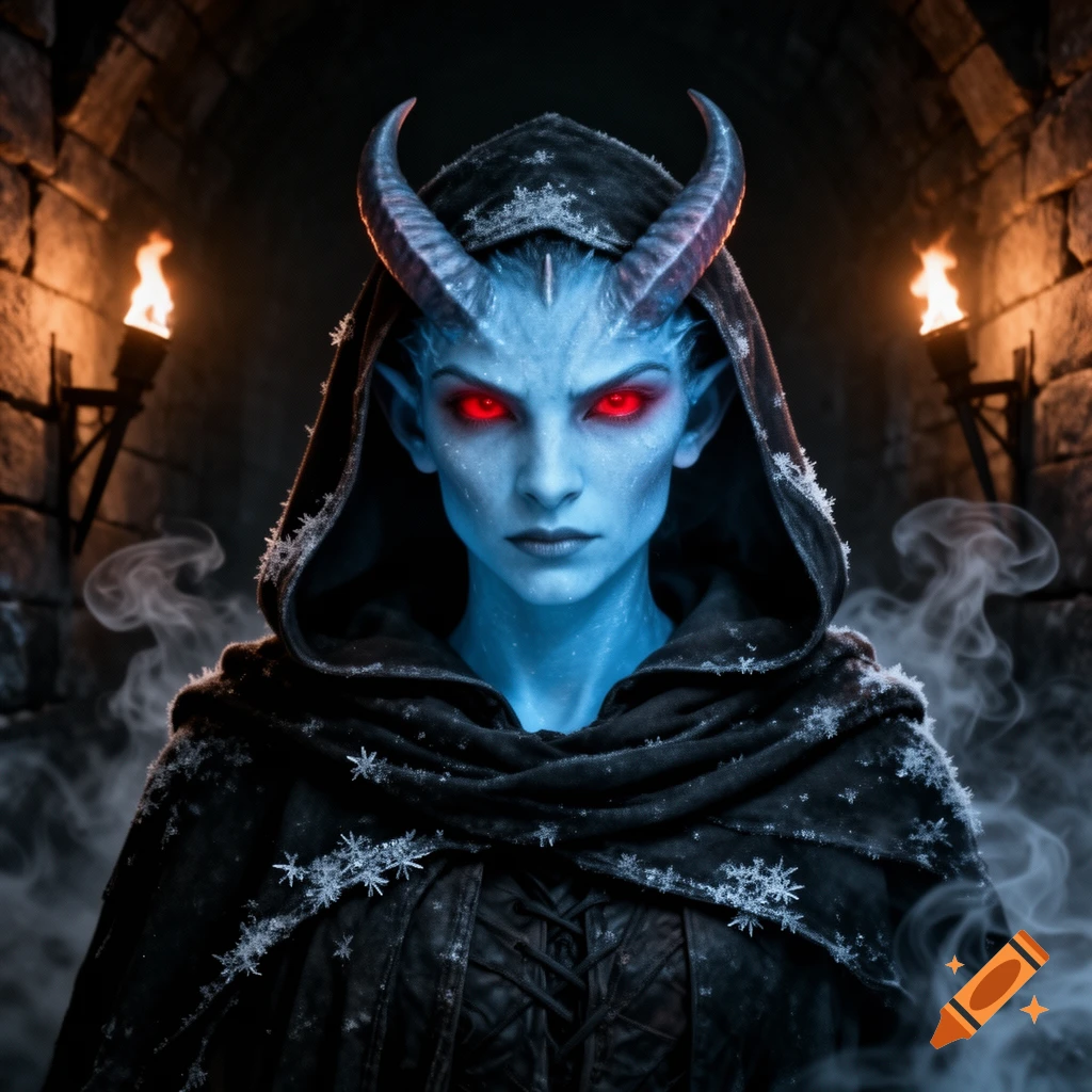 A grim Tiefling with frost-blue skin, red glowing eyes, and horns, wearing a dark hooded cloak in a torchlit dungeon.
