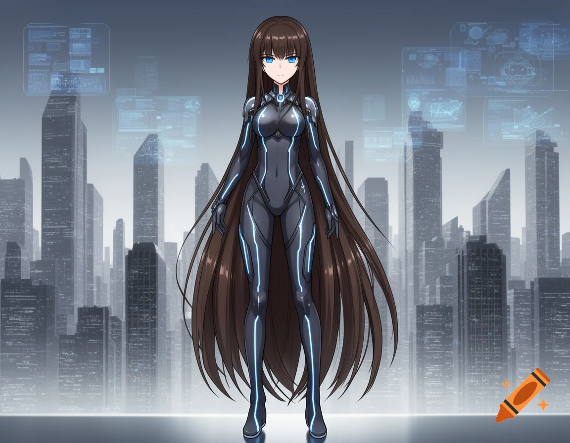 An anime woman with long dark hair, wearing a form-fitting futuristic suit with blue glowing lines, stands before a cityscape with holographic displays.