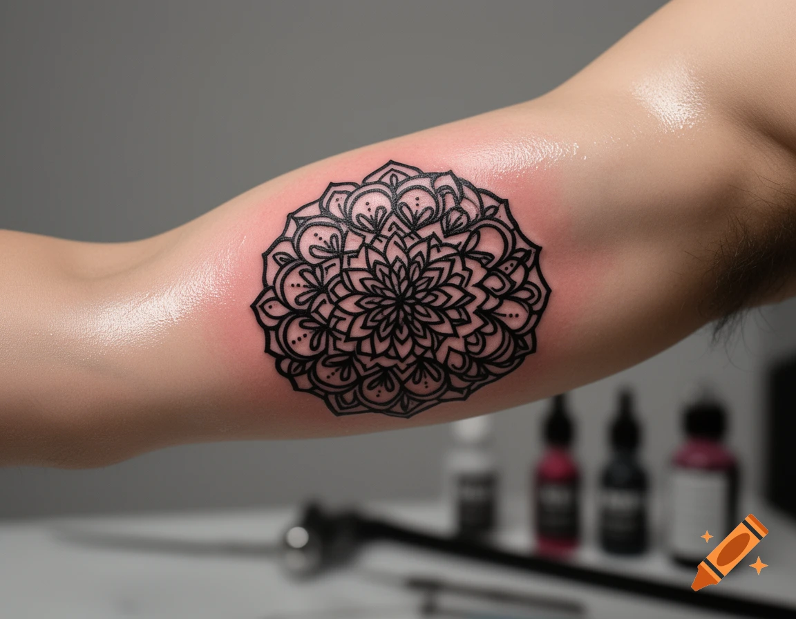 A close-up, photorealistic shot of a black mandala tattoo on a person's arm, with blurred tattoo supplies in the background.