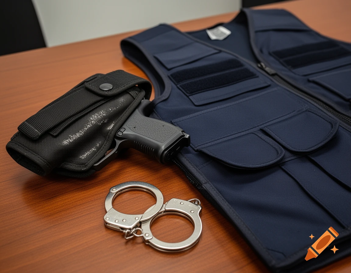 A pistol in a black holster, metal handcuffs, and a dark blue tactical vest resting on a wooden desk.
