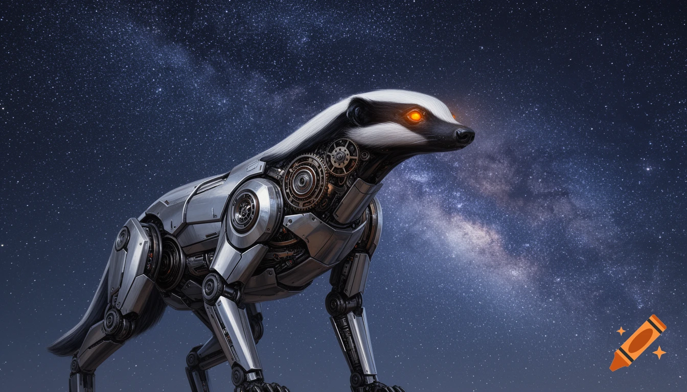 A detailed digital illustration of a robotic honey badger with glowing orange eyes against a vibrant starry night sky.