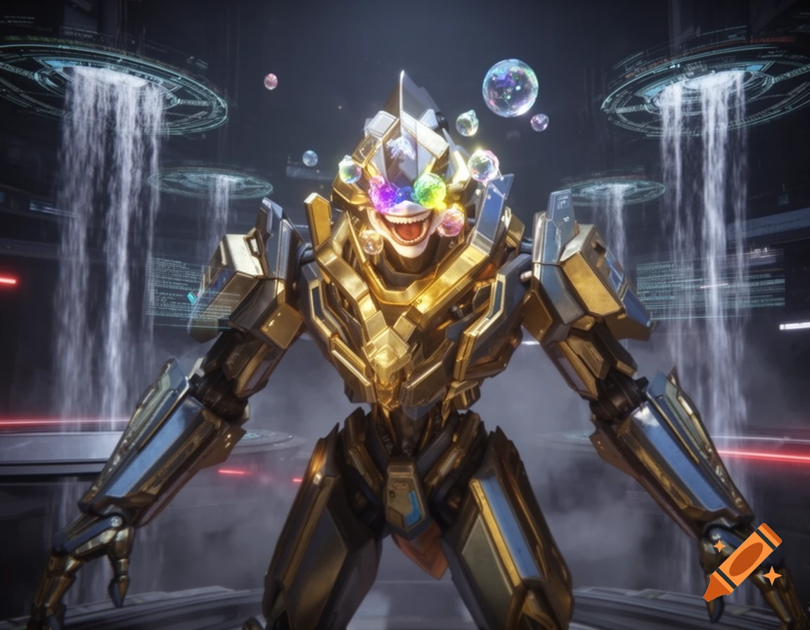 A golden and blue futuristic robot with a clown-like face, surrounded by bubbles, stands in a high-tech facility.