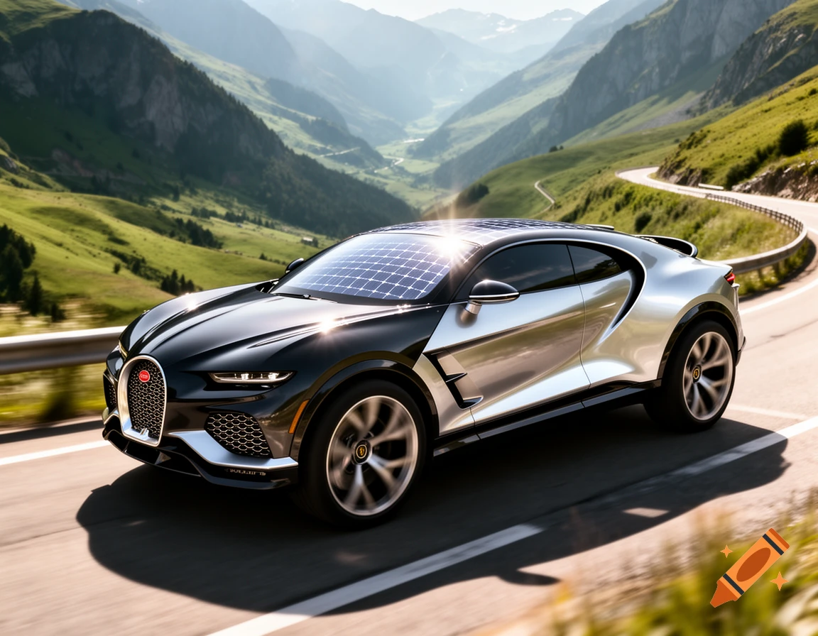 A sleek, black and silver futuristic car with solar panels on its roof drives on a winding mountain road under a bright sky.