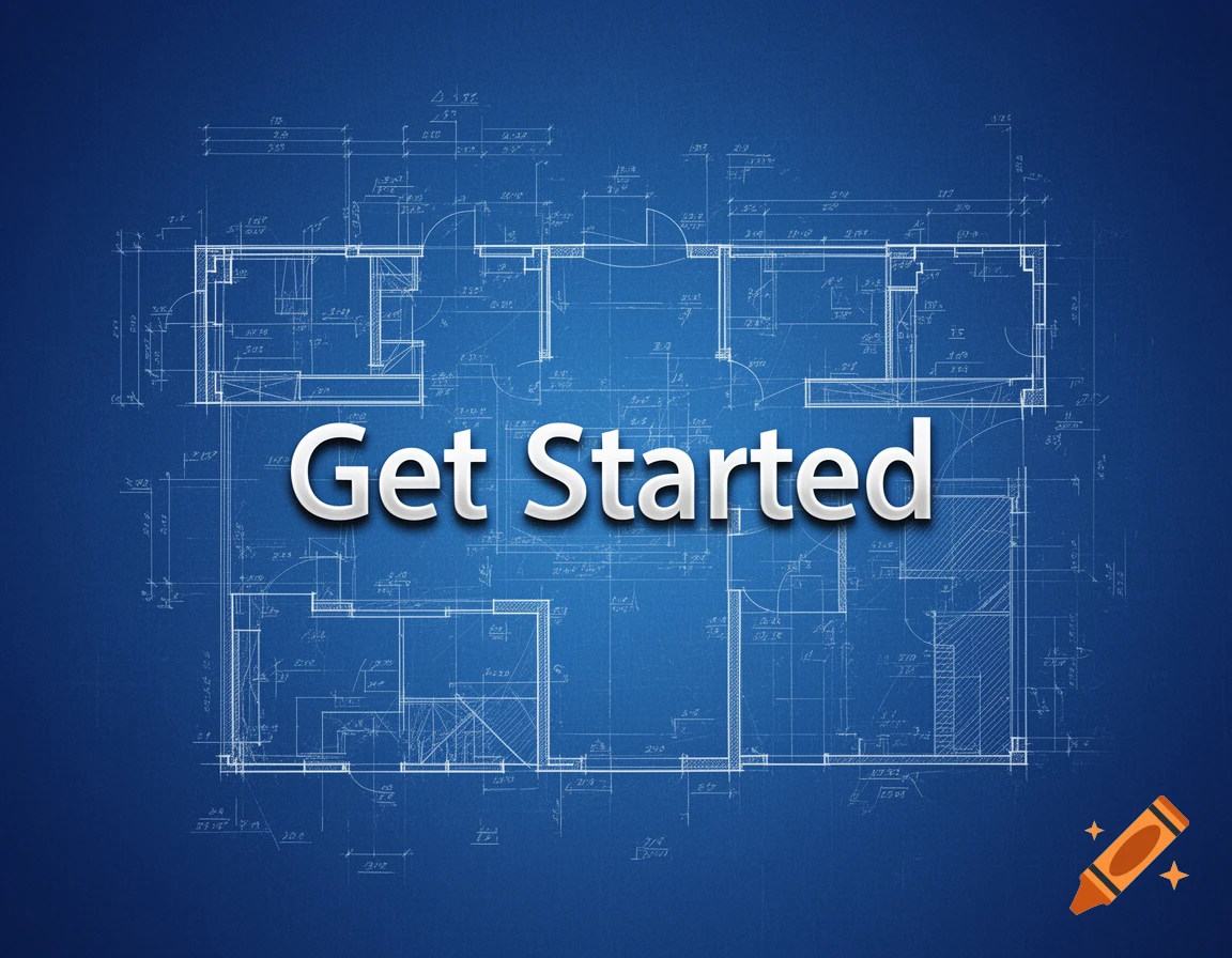 White text "Get Started" overlaying a detailed blue architectural blueprint plan.
