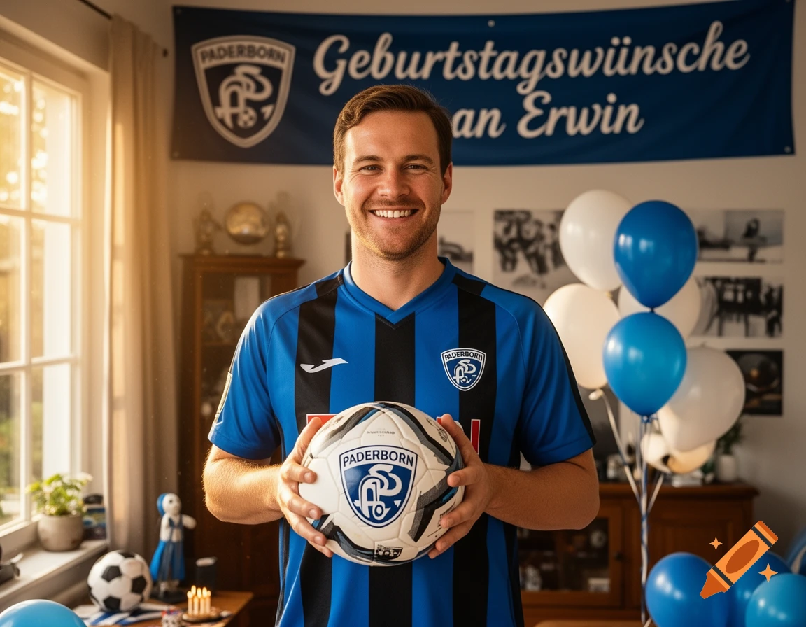 A smiling man in a blue and black Paderborn soccer jersey holds a soccer ball, standing in a room decorated with a birthday banner and balloons.