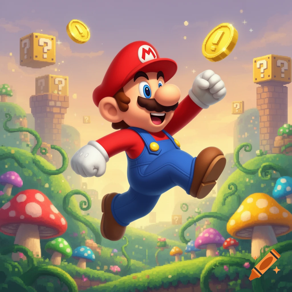 Super Mario jumps through a vibrant, pixelated Mushroom Kingdom landscape with question blocks, coins, and colorful mushrooms.