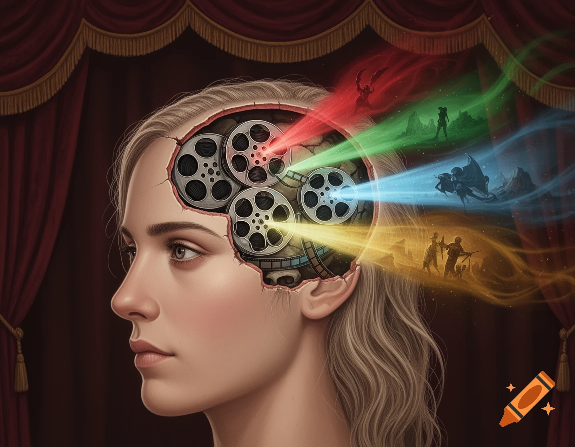 Woman's head in profile with a cut-away skull revealing film reels projecting colorful streams of various movie scenes like fantasy and war, against a red curtain.
