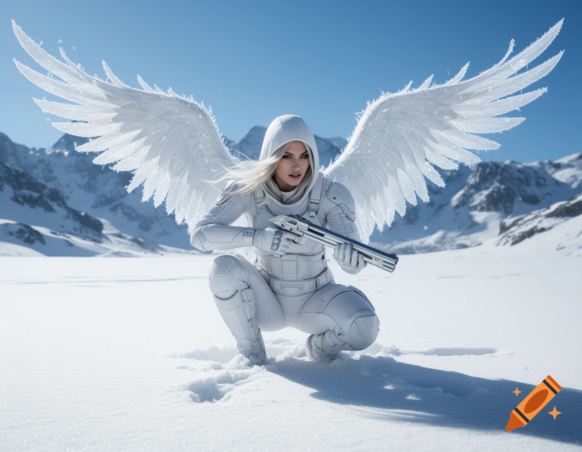 A female snow angel in a white tactical suit with large white wings, crouching with a gun in a vast snowy mountain landscape.