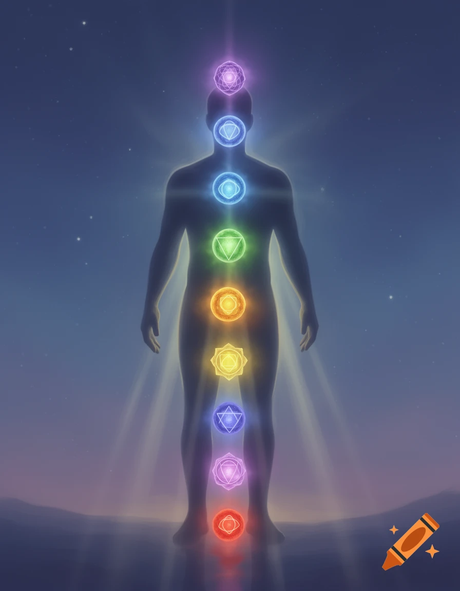 A glowing, translucent human silhouette stands against a starry sky, with seven colorful chakras aligned vertically.