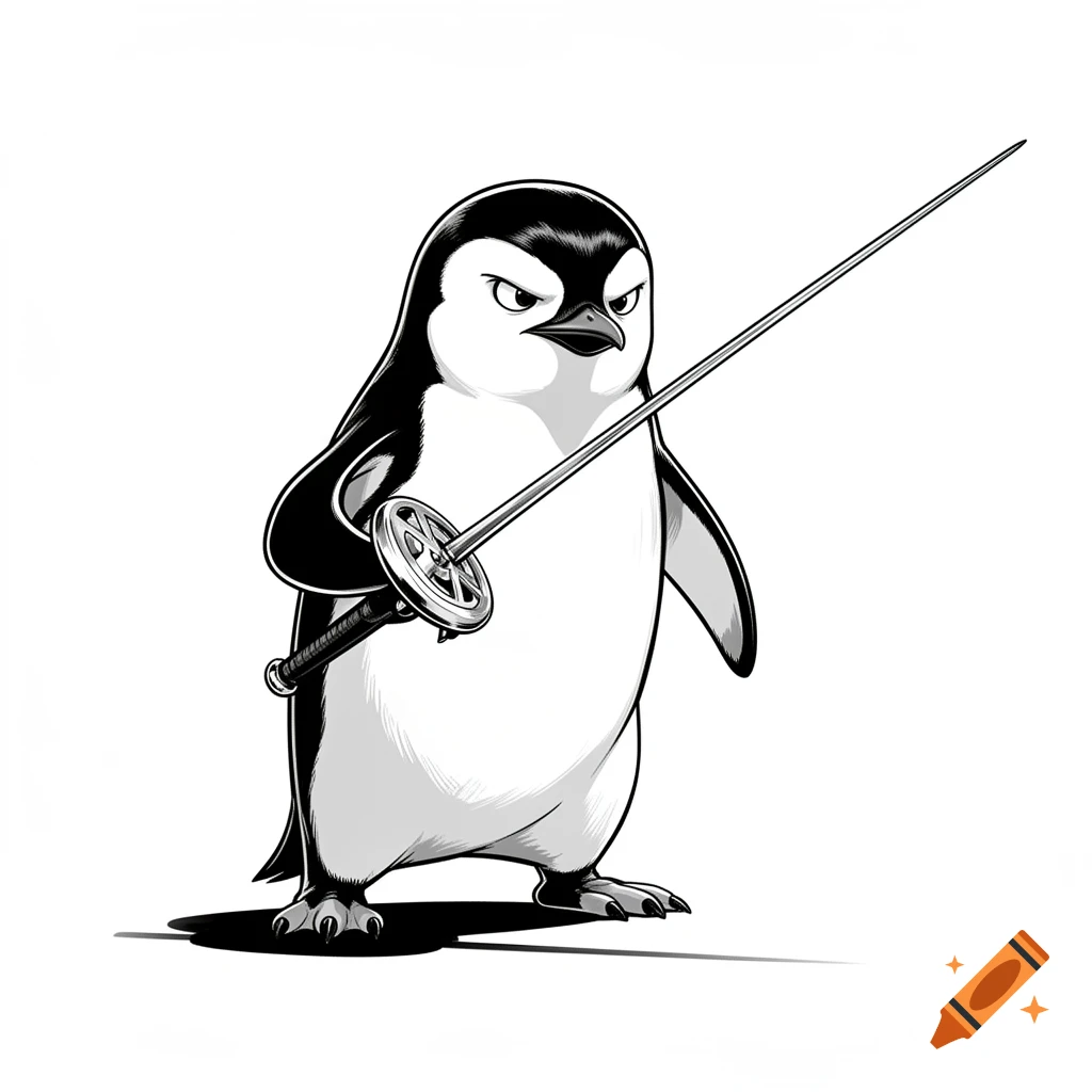 Black and white line art illustration of a mean-looking cartoon penguin holding a fencing foil.