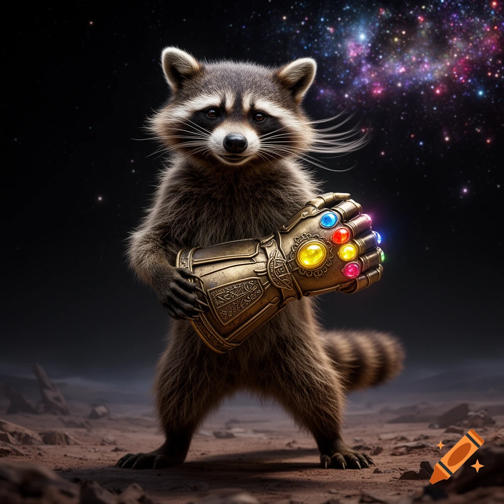 A realistic raccoon standing on a rocky alien planet, holding a golden Infinity Gauntlet with colorful gems, against a starry galaxy background.
