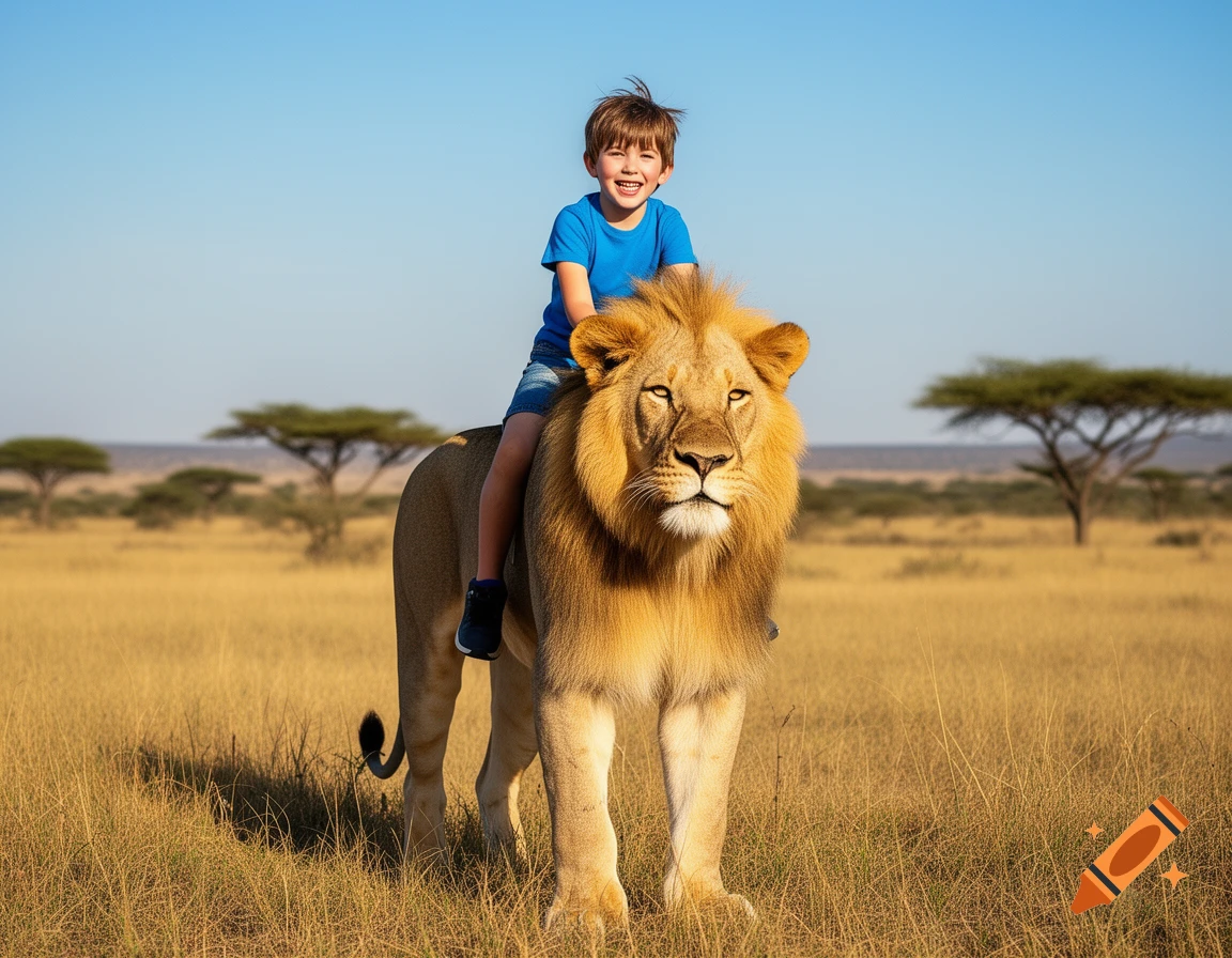 A smiling young boy rides a large male lion across a sunny savanna with scattered acacia trees.