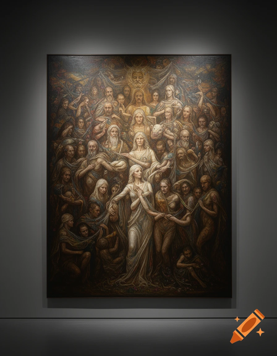 A large, dark, detailed oil painting displayed in a museum gallery, depicting numerous figures in a classical, religious art style.