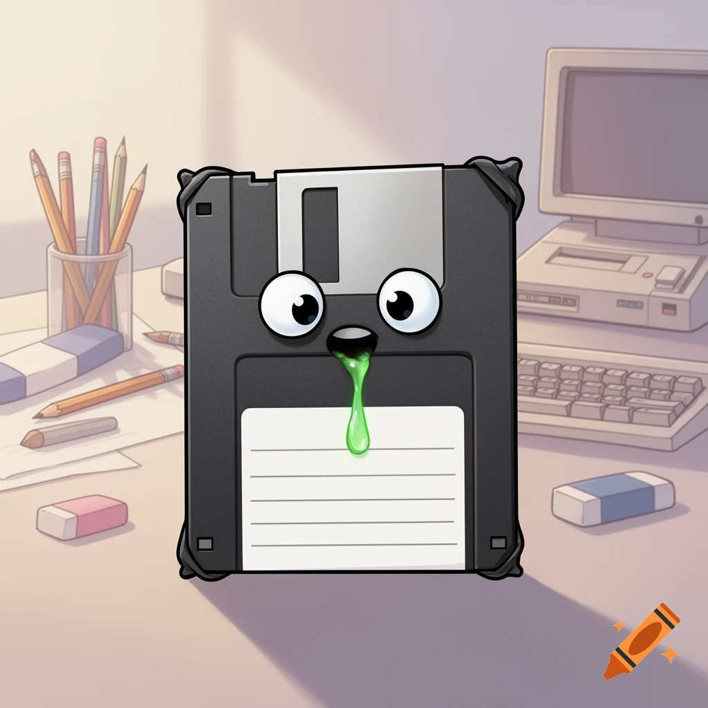 A silly cartoon floppy disk character with big eyes and green snot dripping from its nose, sitting on a desk with a retro computer setup.