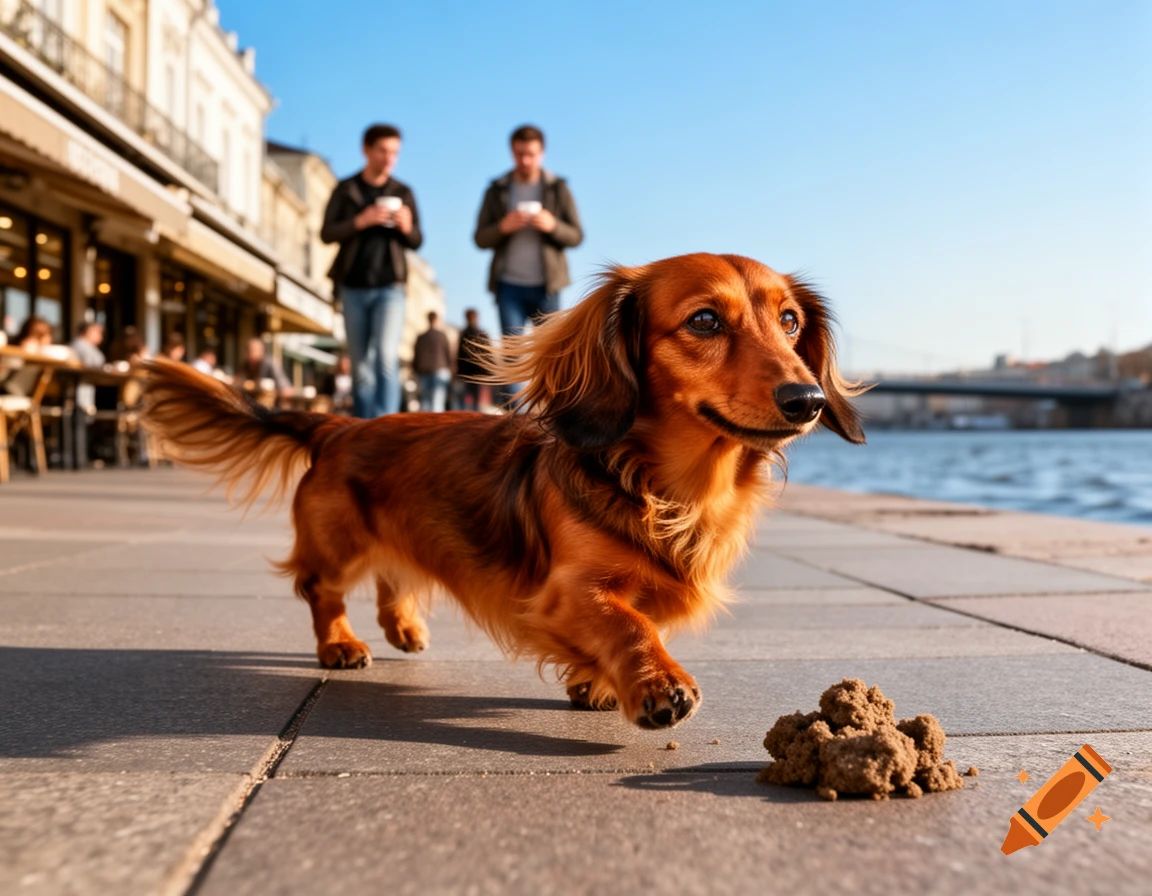 A long-haired dachshund walks on a sunny promenade next to a river, passing a small pile of poop on the ground.