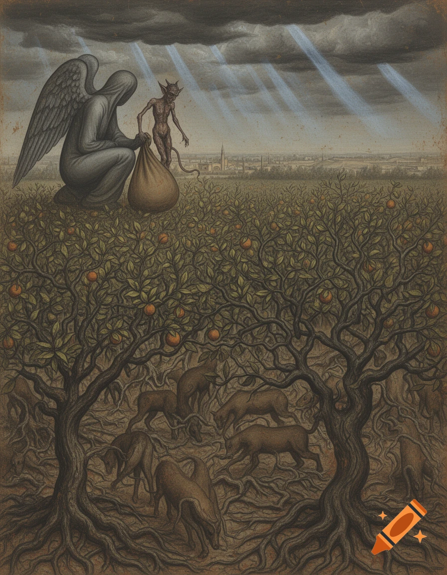 Expressionist painting of an angel with a sack and a small devil in a field of orange trees, shadowy creatures among roots, under a stormy sky.
