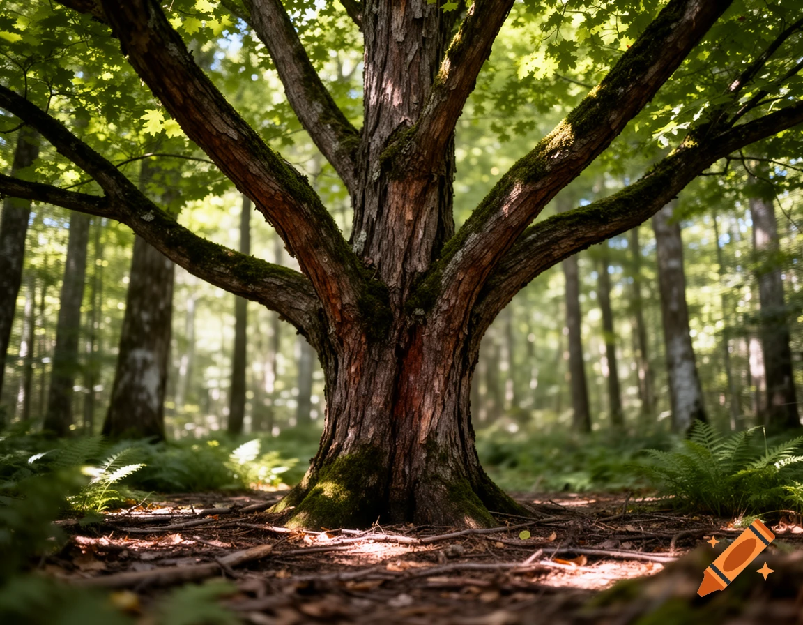 Close-up of a large tree trunk and branches in a sunlit forest, with ferns and fallen leaves on the ground.