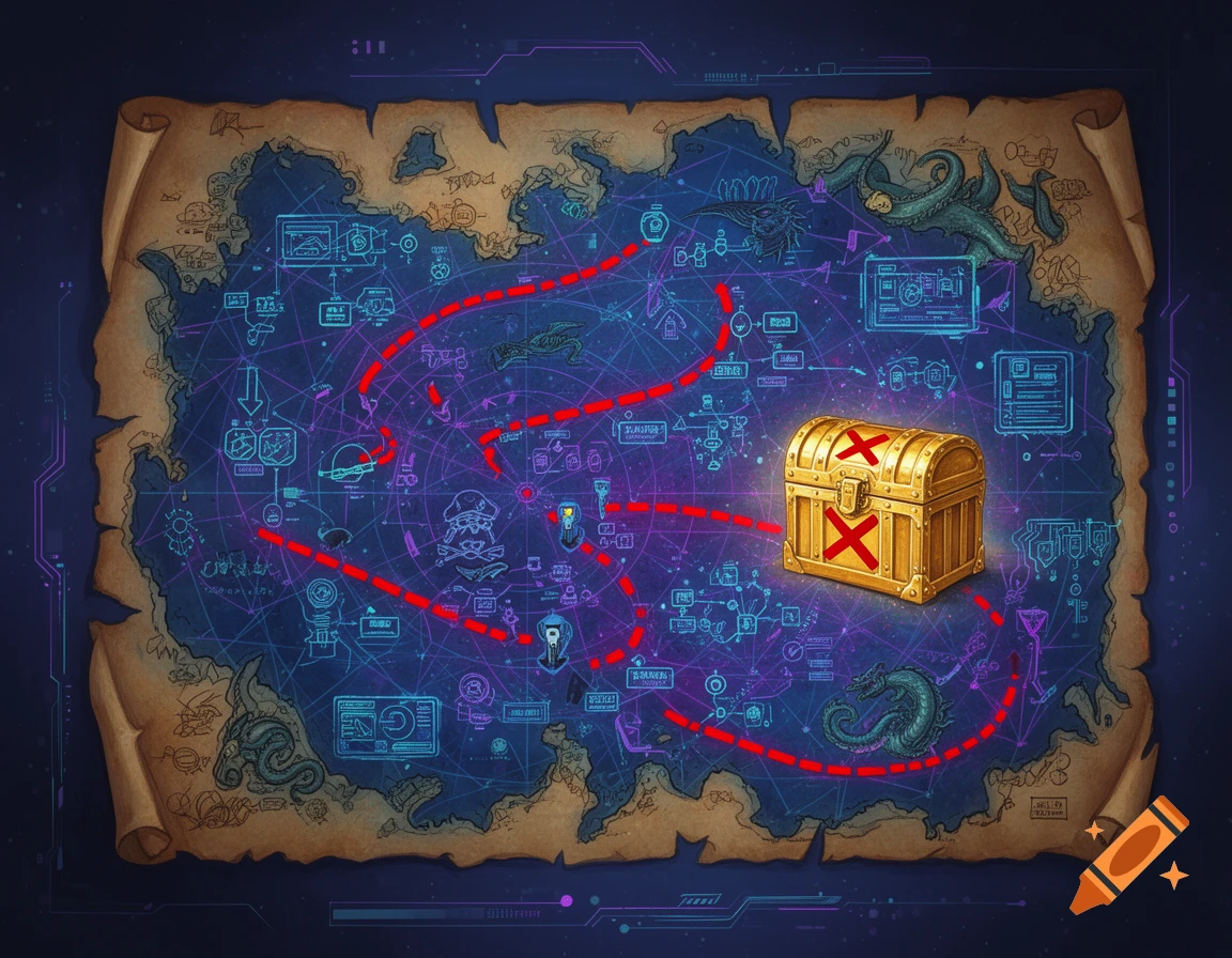 A stylized treasure map showing glowing blue and purple circuits, a golden treasure chest with a red X, and a red dashed path leading to it, combining pirate and futuristic elements.