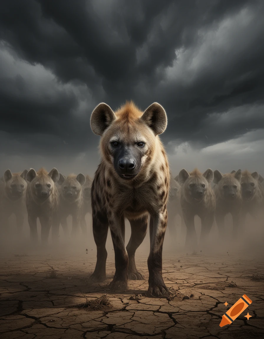 A dominant hyena stares forward from cracked earth, with its pack behind in a haze under a dramatic, stormy sky.