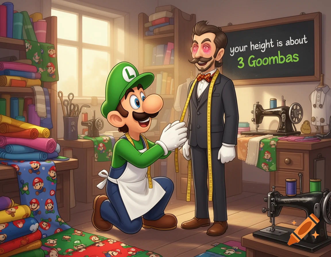 Cartoon Luigi, with red eyes, measures a man in a tailor shop, saying 'your height is about 3 Goombas' on a blackboard.