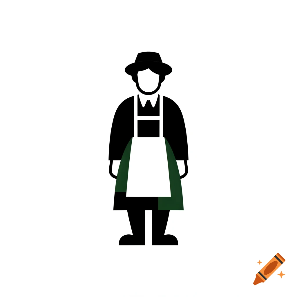 A simple black, white, and dark green pictogram of a person wearing a hat and an apron.