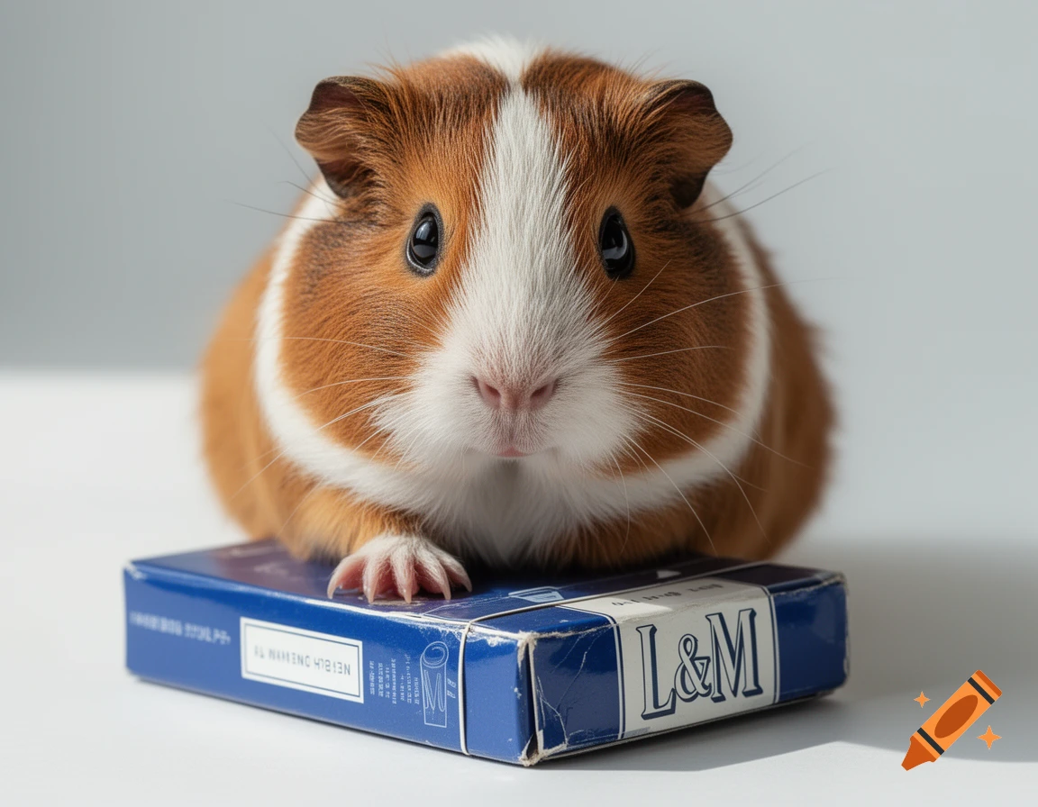 A brown and white guinea pig sits on a blue L&M cigarette pack against a light background, photographed close-up.