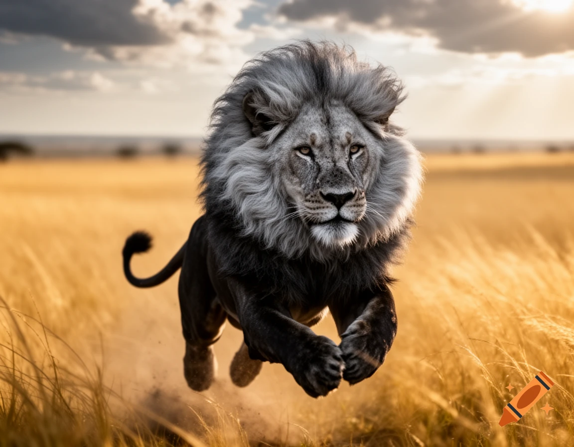 A powerful black lion with a grey mane leaps through golden savannah grass at sunset, kicking up dust.