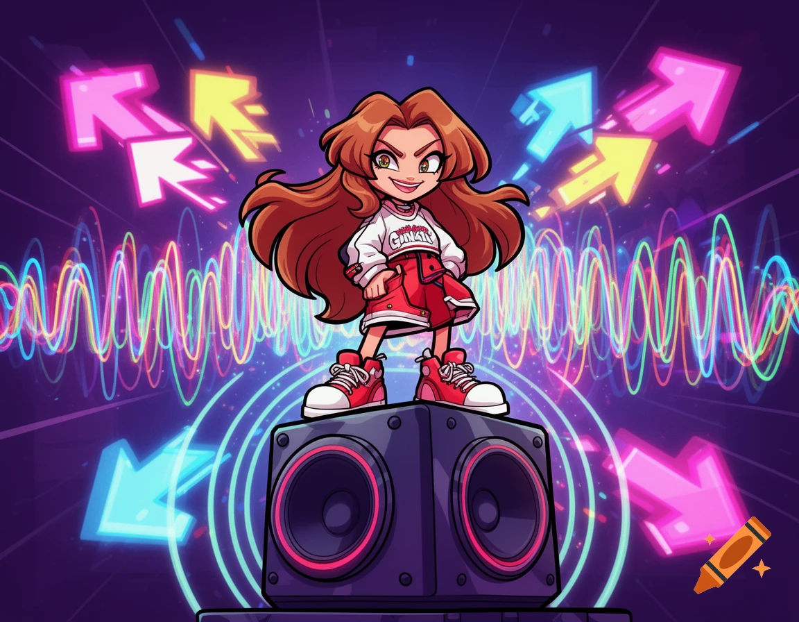 A cartoon girl with long red hair, wearing a white top and red skirt, stands triumphantly on a large speaker, surrounded by neon sound waves and glowing arrows against a dark purple background.