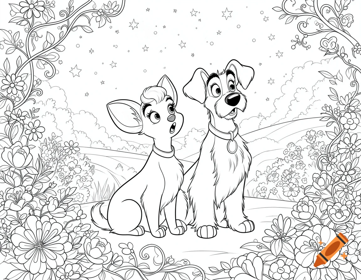 Line art coloring page of Lady and Tramp looking amazed in a whimsical garden with flowers, vines, stars, and hills.