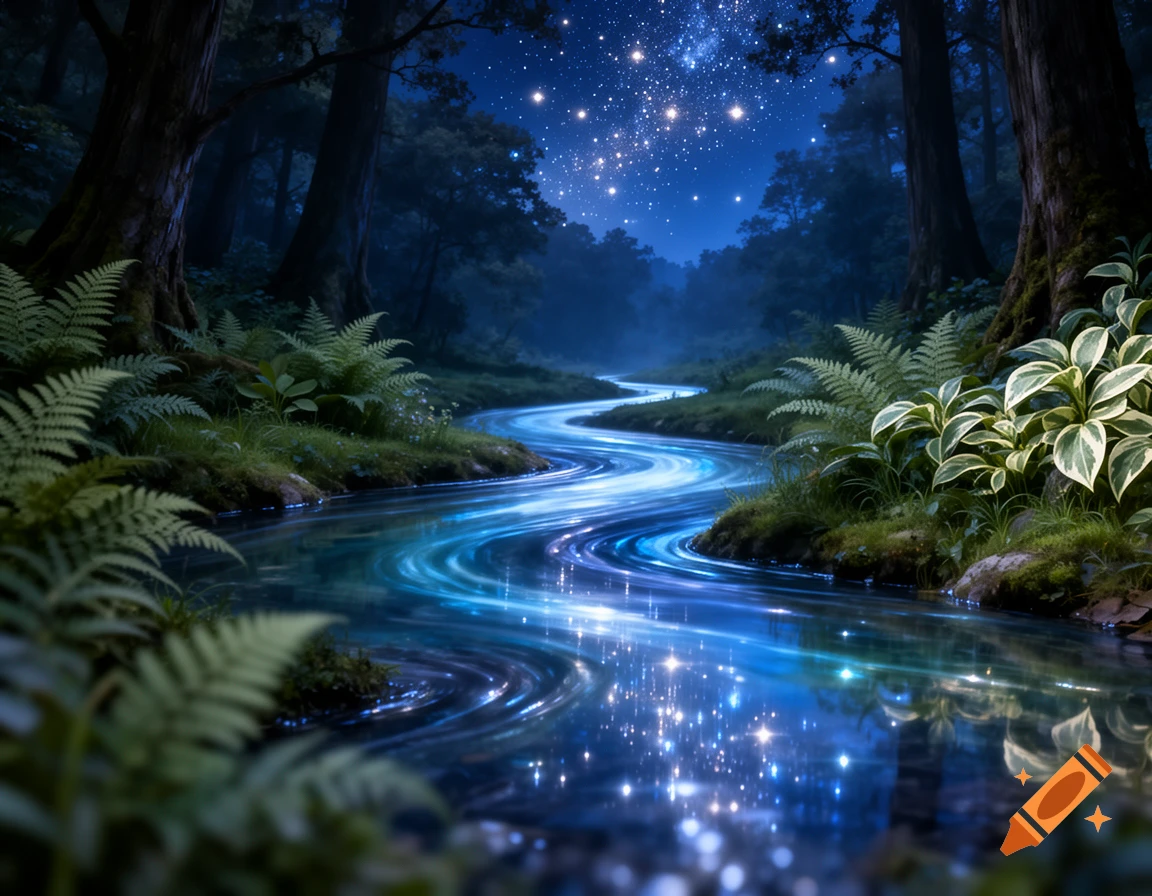 A magical river winds through a dark fantasy forest under a starry night sky, reflecting blue light and shimmering stars.