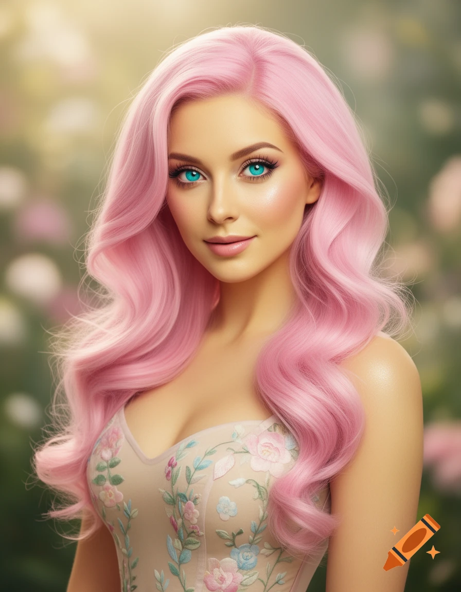 Portrait of a beautiful woman with long wavy pink hair and bright blue eyes, wearing a floral top, in a soft garden.