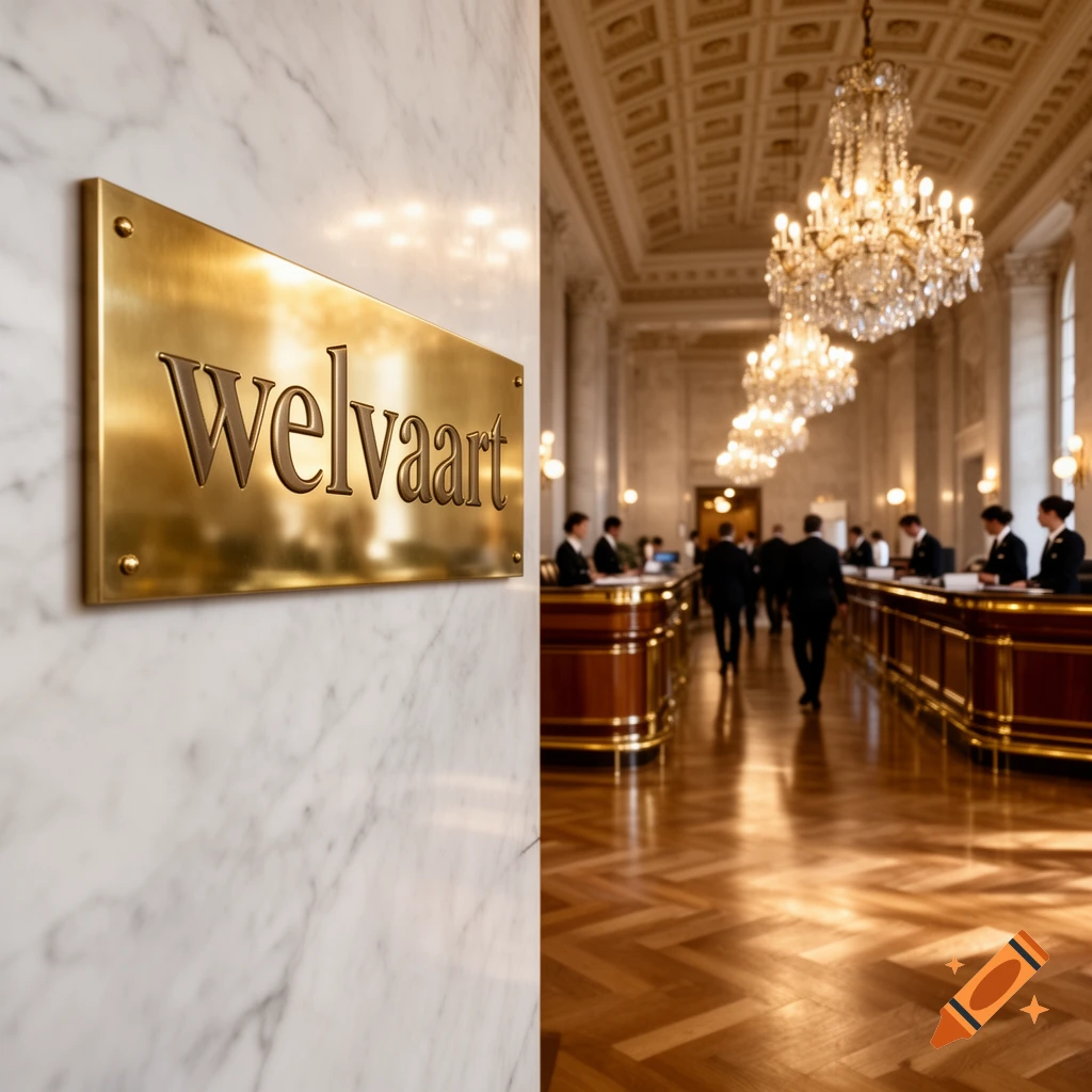 Photorealistic image of a grand, luxurious hall. A brass plaque reading 'Welvaart' is on a marble wall in the foreground.