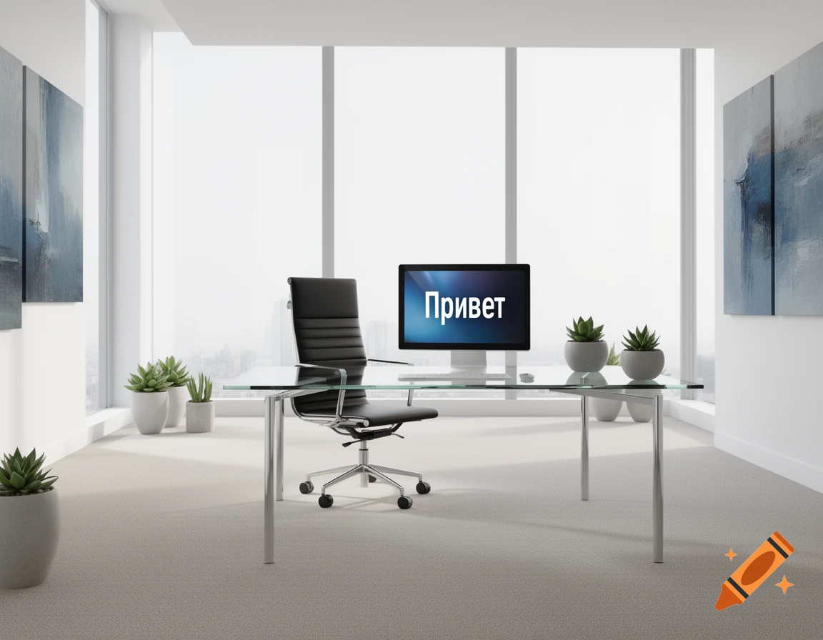 A modern office with a glass desk, black chair, monitor displaying 'Привет', potted plants, and abstract art.