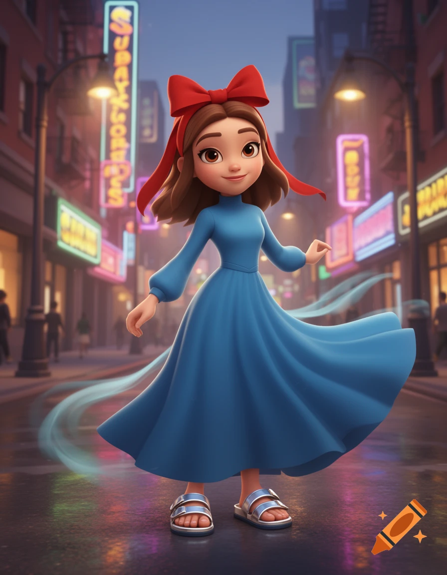 A smiling 3D animated girl with brown hair and a red bow stands in a flowing blue dress and silver sandals on a wet city street at night, surrounded by blurred neon signs.