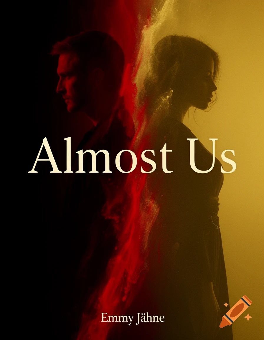 Book cover titled 'Almost Us' by Emmy Jähne, featuring silhouetted man and woman with red and gold abstract background.