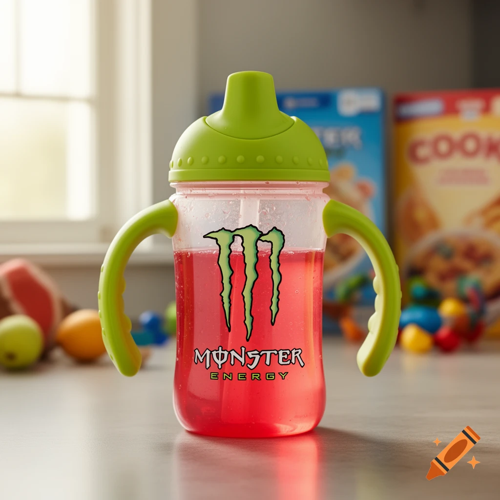 A Monster Energy brand sippy cup filled with red liquid, on a table with toys in the background.