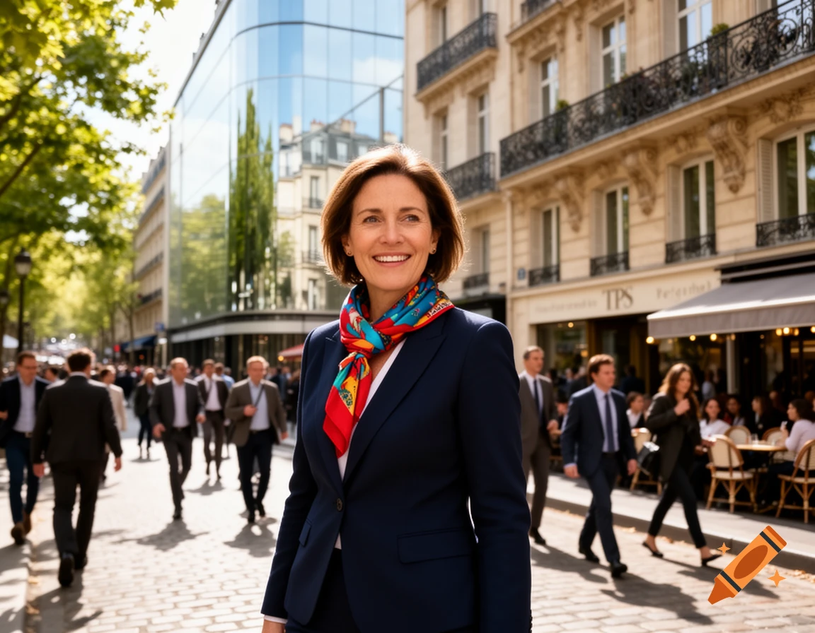 A professional woman in a navy suit and colorful scarf smiles at the camera on a bustling Parisian street.