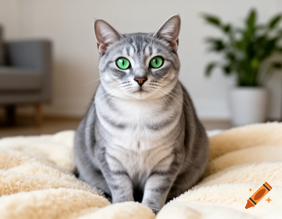 A silver tabby cat with bright green eyes sits on a fluffy light-colored blanket, looking directly forward.
