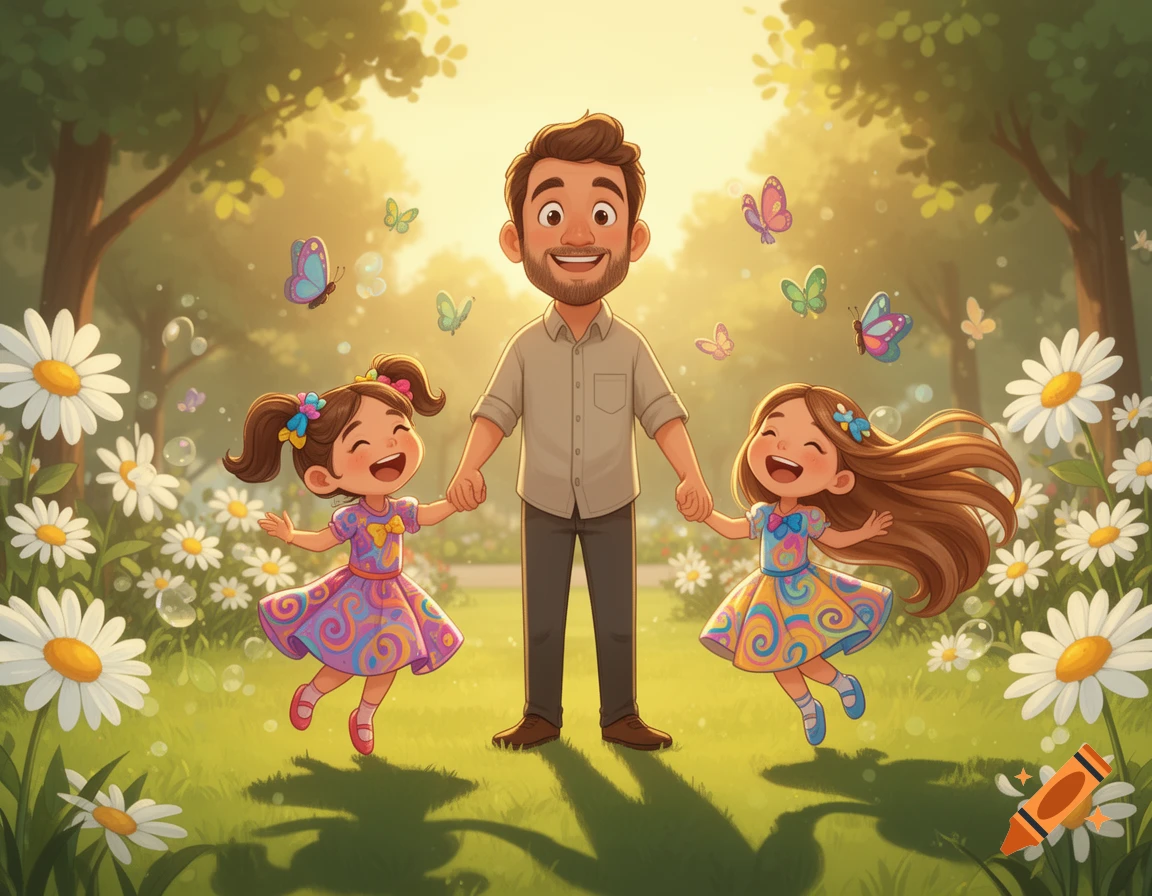 A happy cartoon dad holds hands with his two laughing daughters in a sunny park with daisies and butterflies.