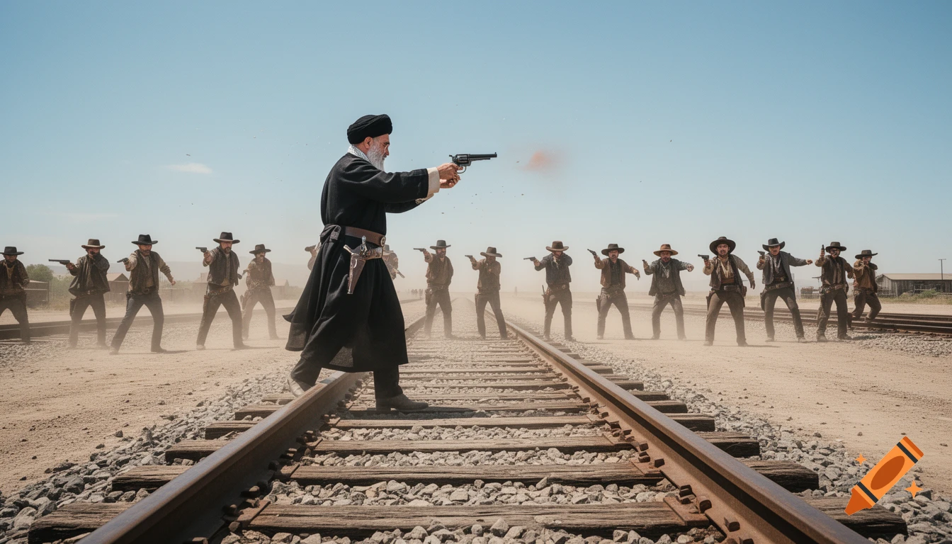 A man in black robes resembling Khamenei stands on train tracks, firing a pistol at a line of cowboys in a desert gunfight.