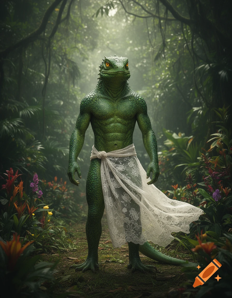 A photorealistic green-scaled lizardman with a muscular physique stands on a path in a lush, foggy jungle, wearing a white lace sarong.