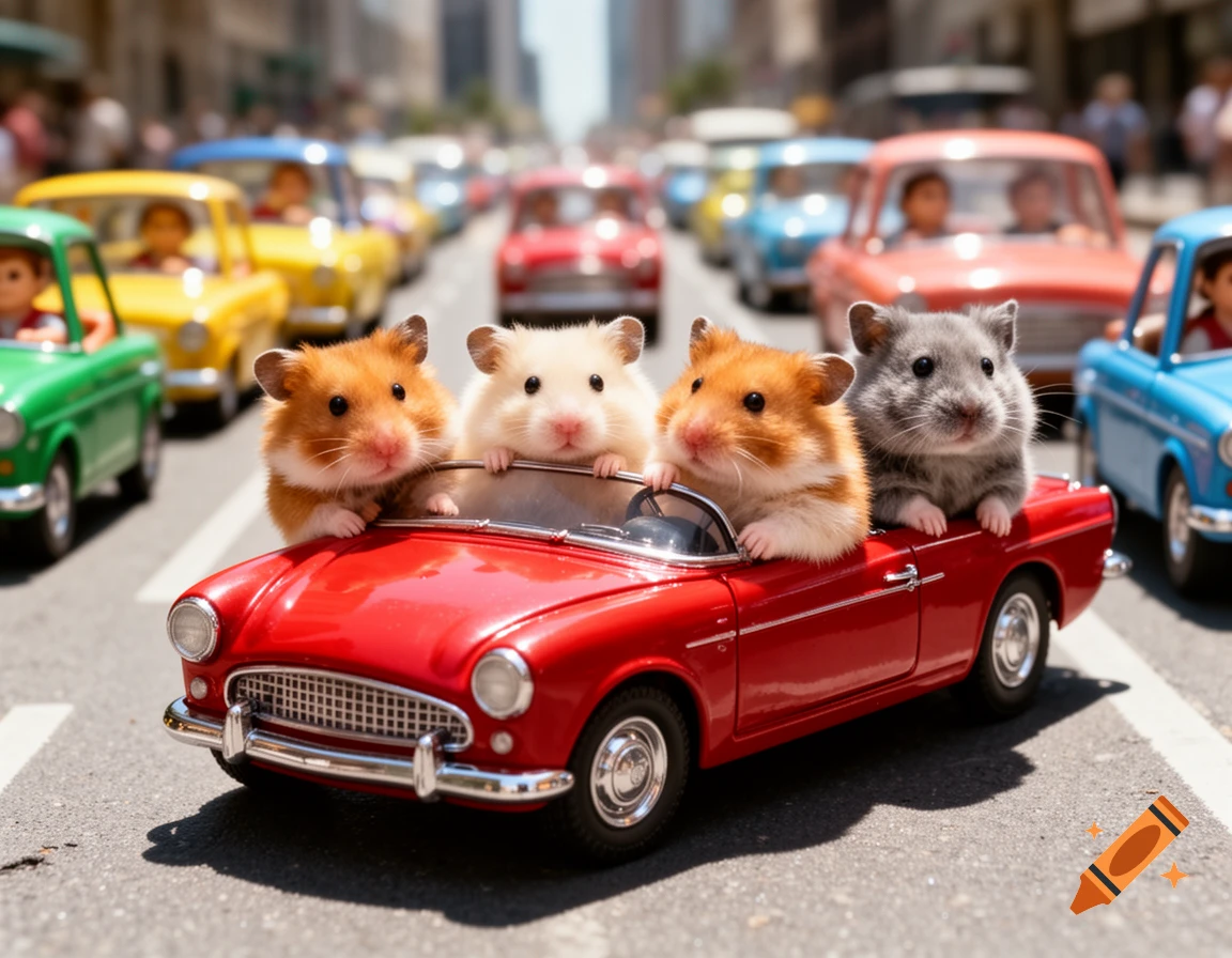 Four adorable hamsters drive bright red and green toy cars, stuck in a busy city traffic jam on a sunny day.