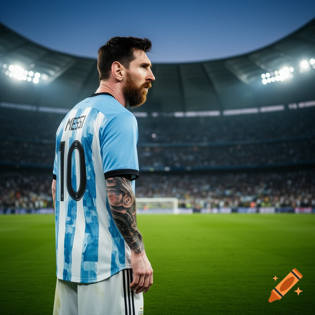 A photorealistic image of Lionel Messi from behind, wearing an Argentina jersey with 'MESSI 10' on the back, looking out onto a soccer field in a stadium at dusk.