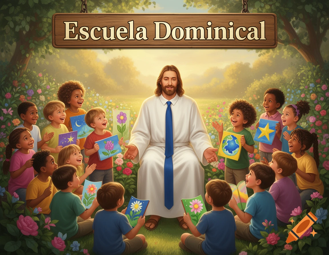 Jesus with smiling children holding drawings in a vibrant, flowery outdoor setting, under a sign saying 'Escuela Dominical'.
