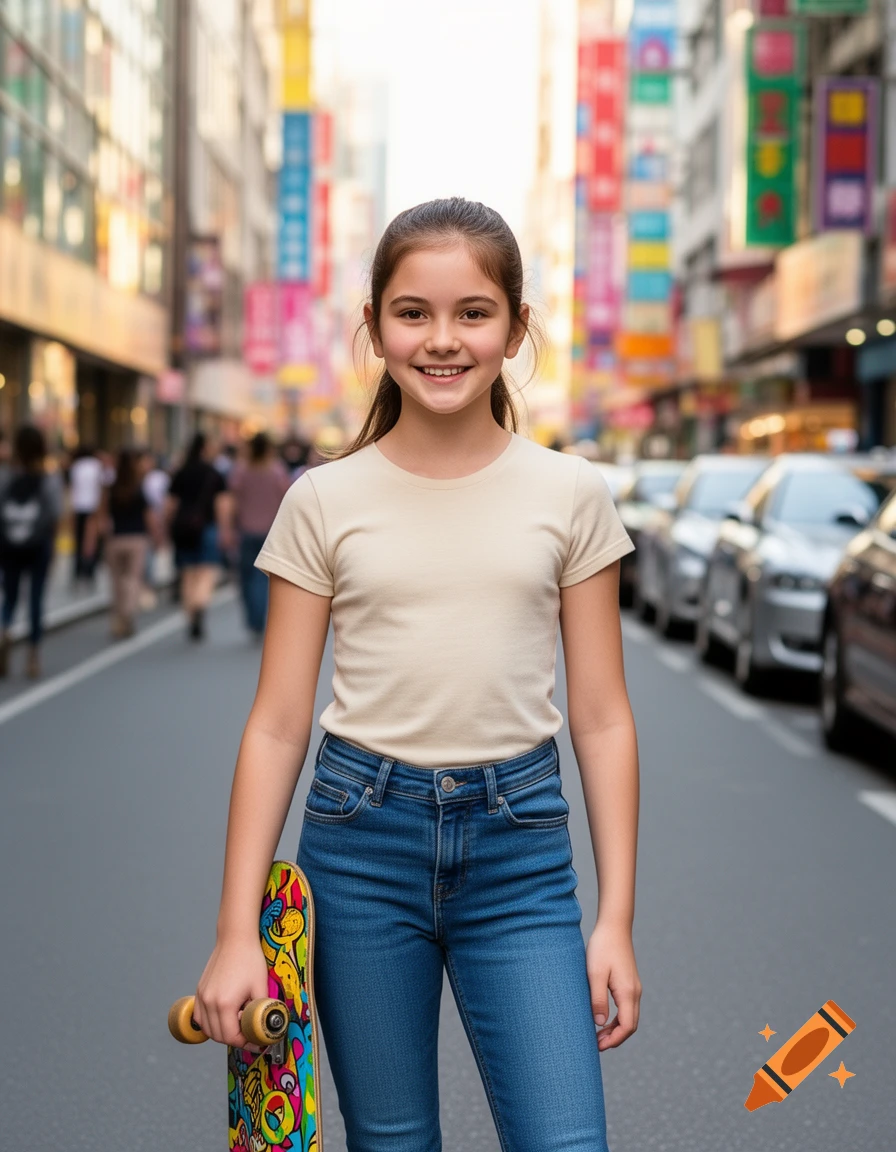 A smiling young girl in a beige t-shirt and jeans holds a colorful skateboard on a busy city street, photorealistic style.