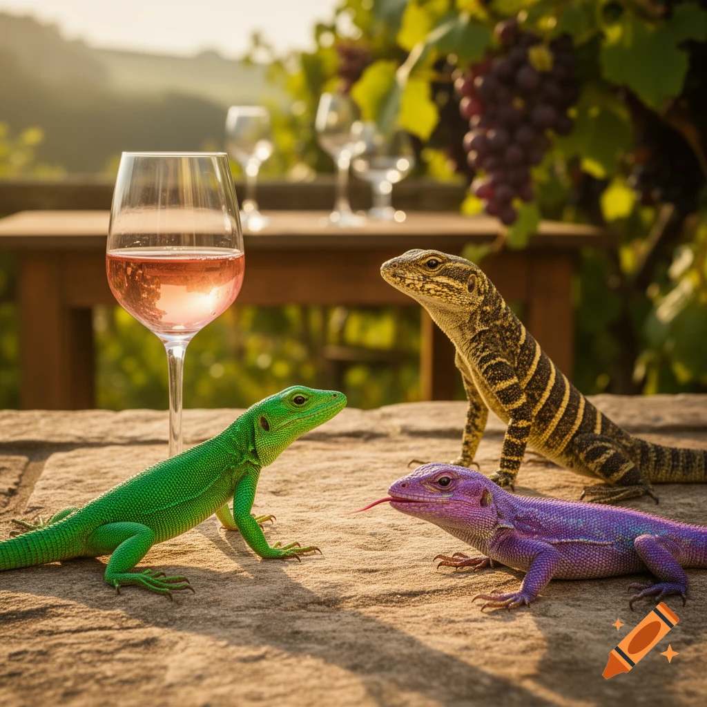 Three colorful lizards, green, purple, and striped, on a stone table with a glass of ros wine in a sunny vineyard.