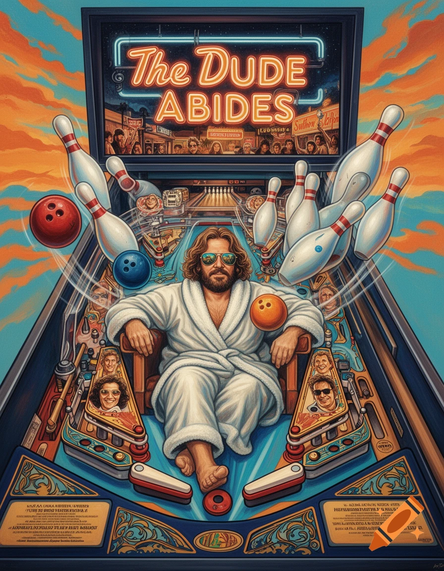 Artwork for a Big Lebowski-themed pinball machine featuring The Dude in a robe surrounded by bowling pins and balls, with a neon sign reading "The Dude Abides" at the top.