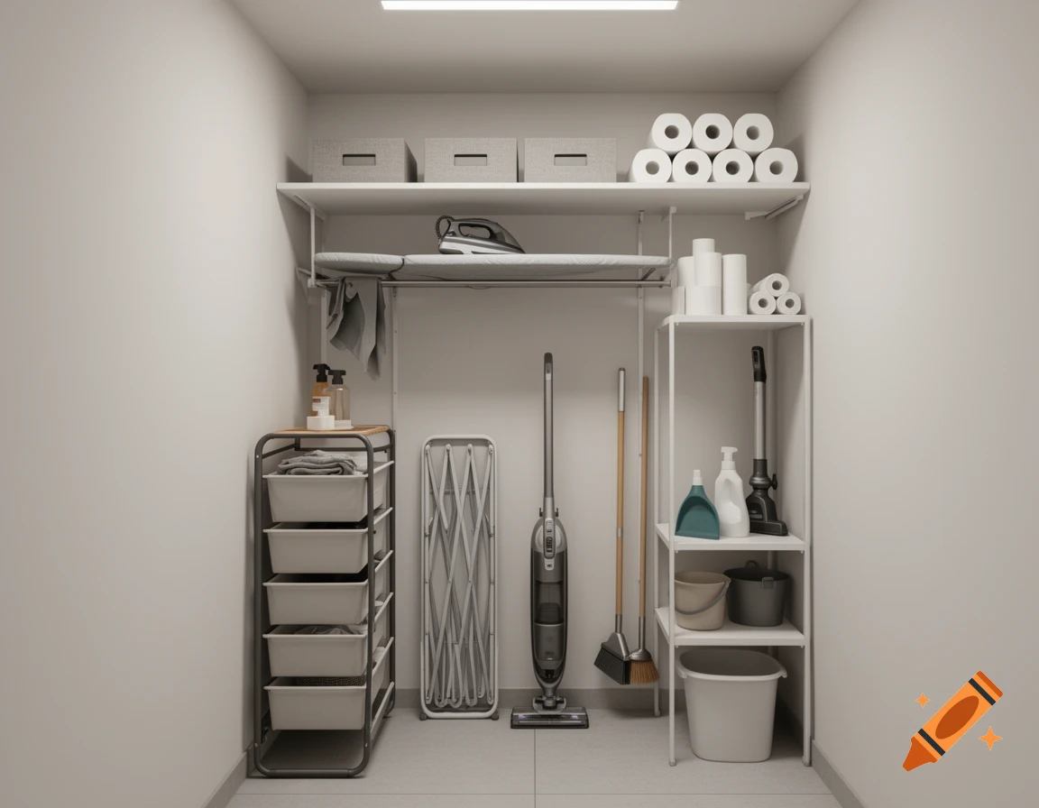 A narrow, organized utility room with white shelves holding cleaning supplies, laundry baskets, an ironing board, and paper towels, in a clean, minimalist style.